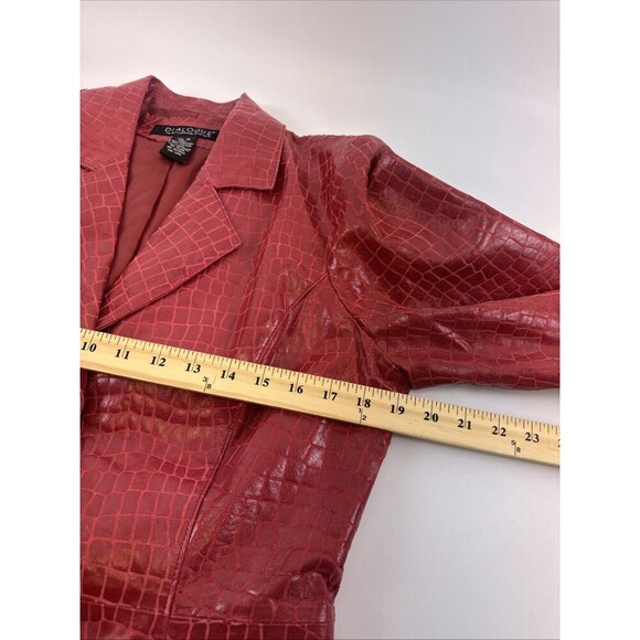 Dialogue Embossed Croc Red Leather Jacket Button Collared V-Neck Womens Medium - Picture 10 of 13